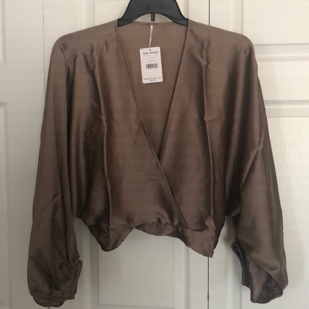 Free People Midnight Vibes Satin Blouse Taupe NEW - Picture 11 of 11